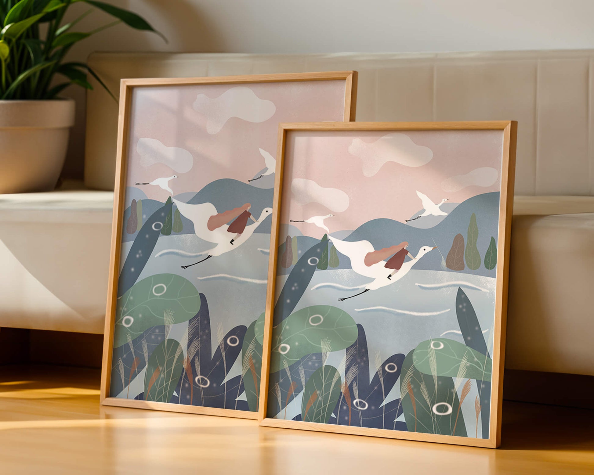 Whimsical landscape with flying birds and pink sky