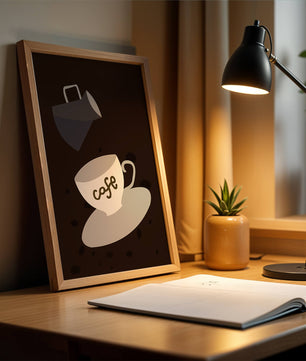 Taza de café minimalista con jarra vertiendo sobre fondo oscuro