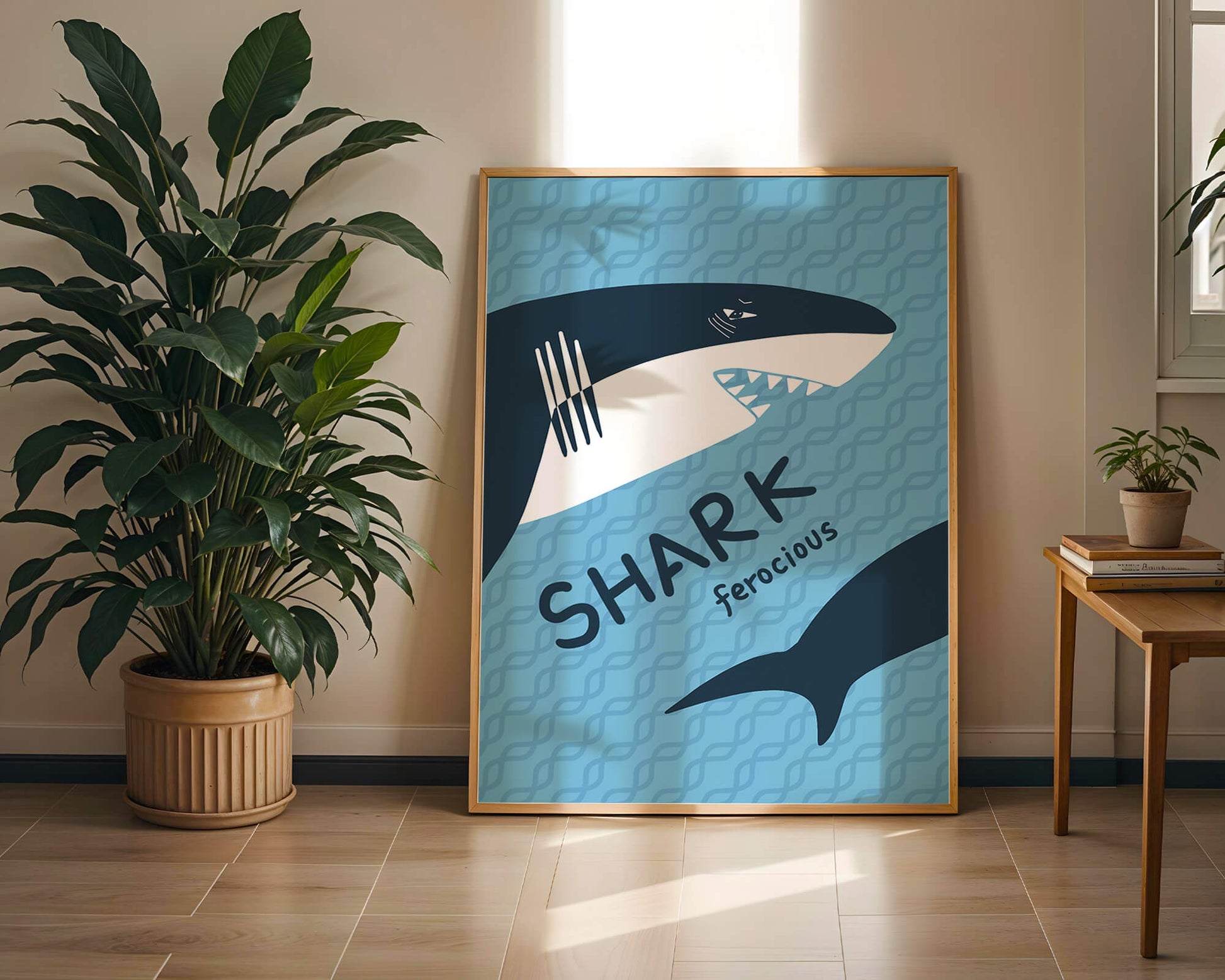 Illustrated shark graphic with blue background and typography