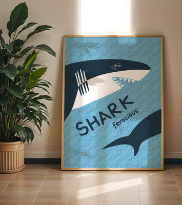 Illustrated shark graphic with blue background and typography