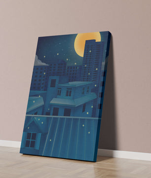 Night Urban Skyline Under a Starry Sky with Bright Full Moon