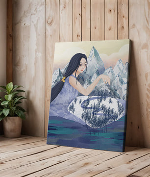 Majestic Woman Overlooking Snowy Mountain Landscape