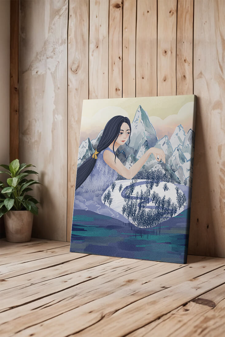 Majestic Woman Overlooking Snowy Mountain Landscape