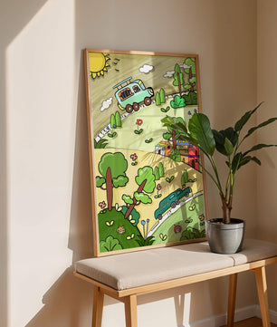 Colorful cartoon landscape with vehicles and nature scene