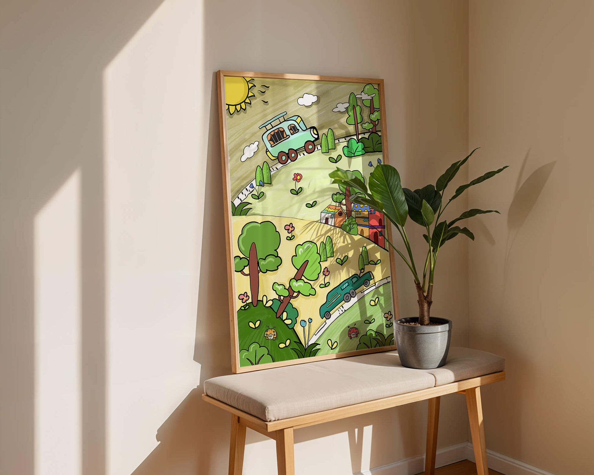 Colorful cartoon landscape with vehicles and nature scene