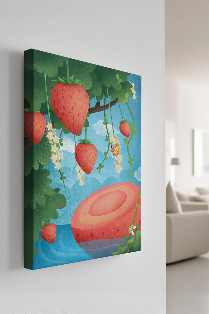 Illustrated strawberries in a whimsical garden setting