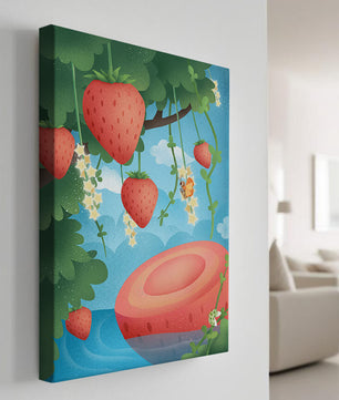 Illustrated strawberries in a whimsical garden setting