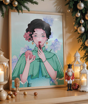 Woman applying lipstick with elegant floral background