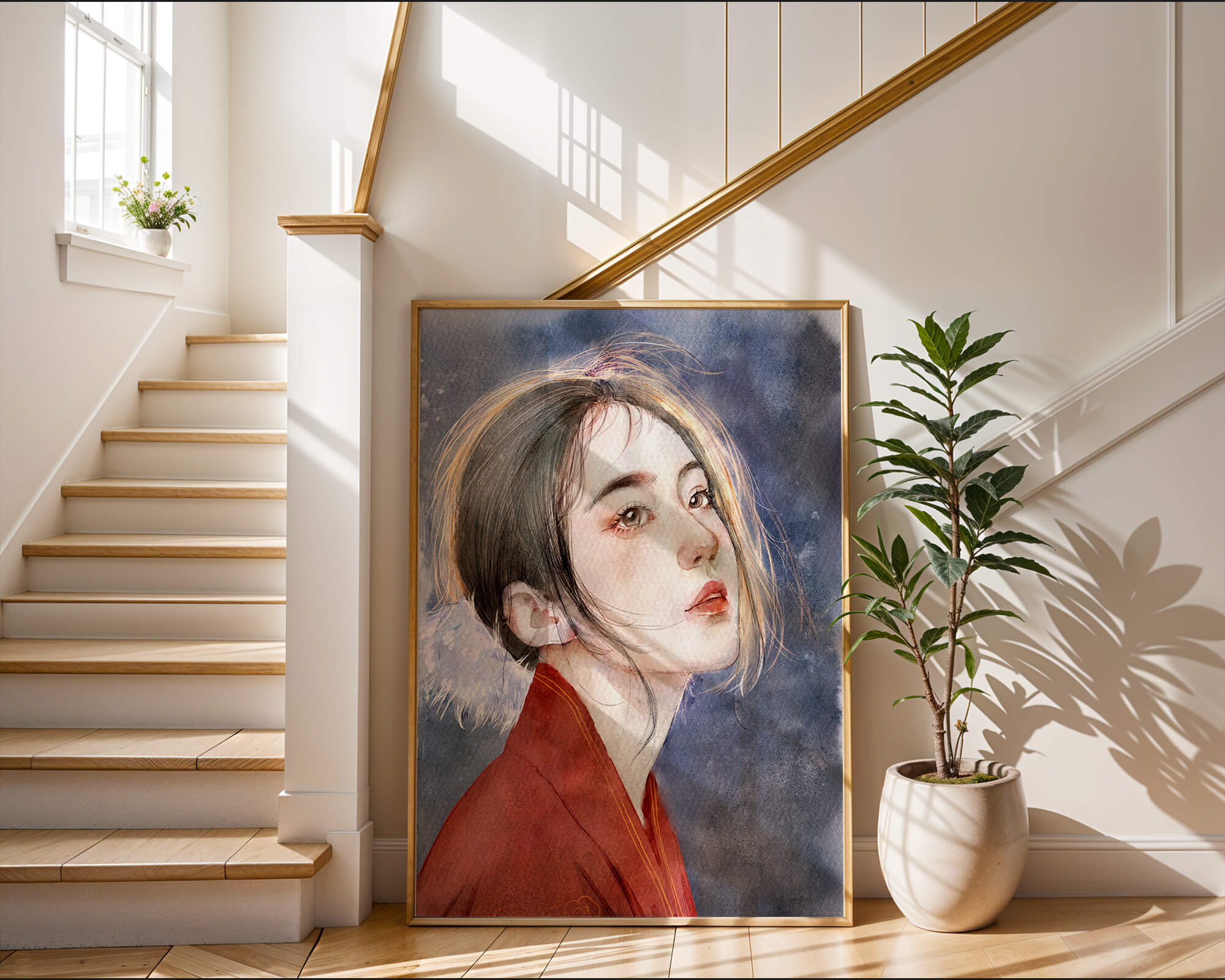 Watercolor portrait of a woman in a red garment with expressive features
