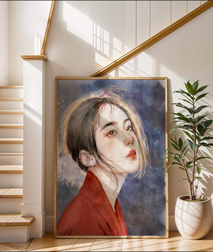 Watercolor portrait of a woman in a red garment with expressive features