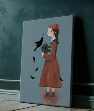 chica en atuendo vintage con pájaro y libro sobre fondo azul