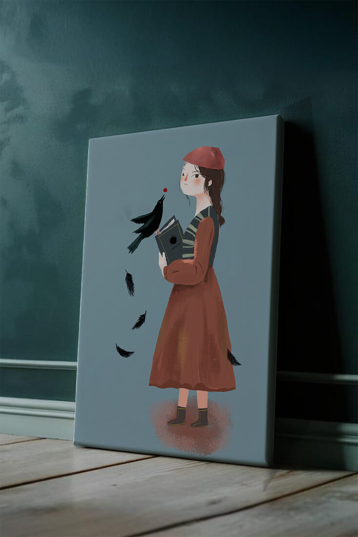 girl in vintage attire with bird and book on blue background