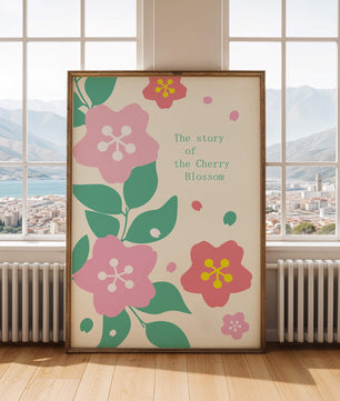 Florale Illustration mit Kirschblüten und grünen Blättern