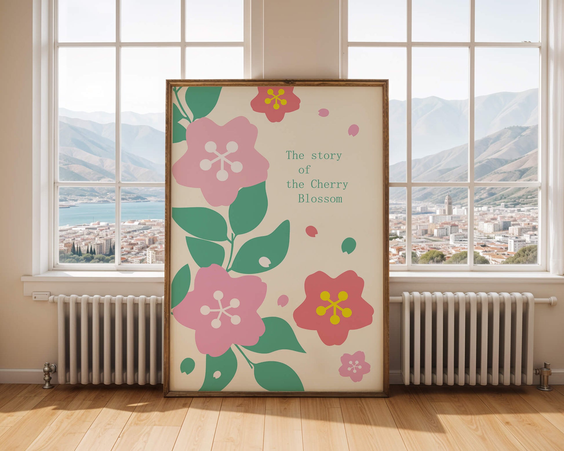Floral illustration with cherry blossoms and green leaves