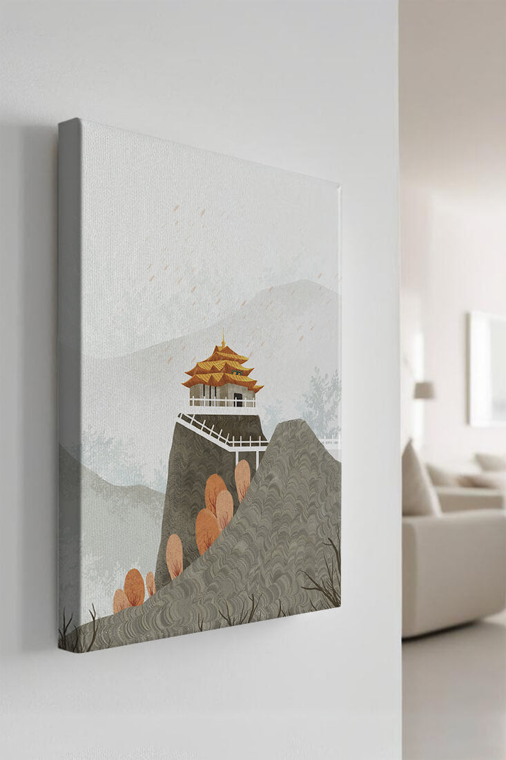 Serene mountain landscape with traditional Asian architecture