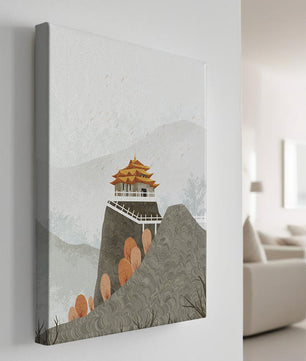 Serene mountain landscape with traditional Asian architecture