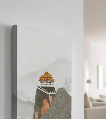 Serene mountain landscape with traditional Asian architecture