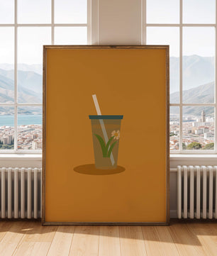 Illustration of a Drink with Botanical Element and Straw on Orange Background - Mi tienda