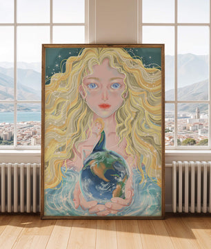 Fantasy artwork of woman holding earth with shimmering details