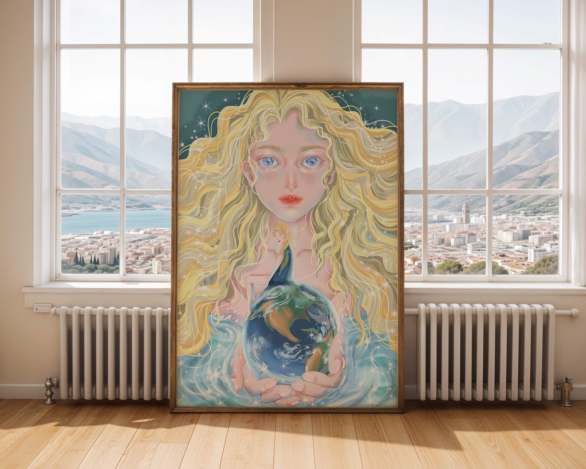 Fantasy artwork of woman holding earth with shimmering details