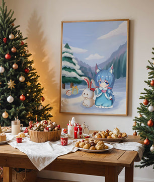 Winter scene with cute chibi character and bunny in snowy landscape