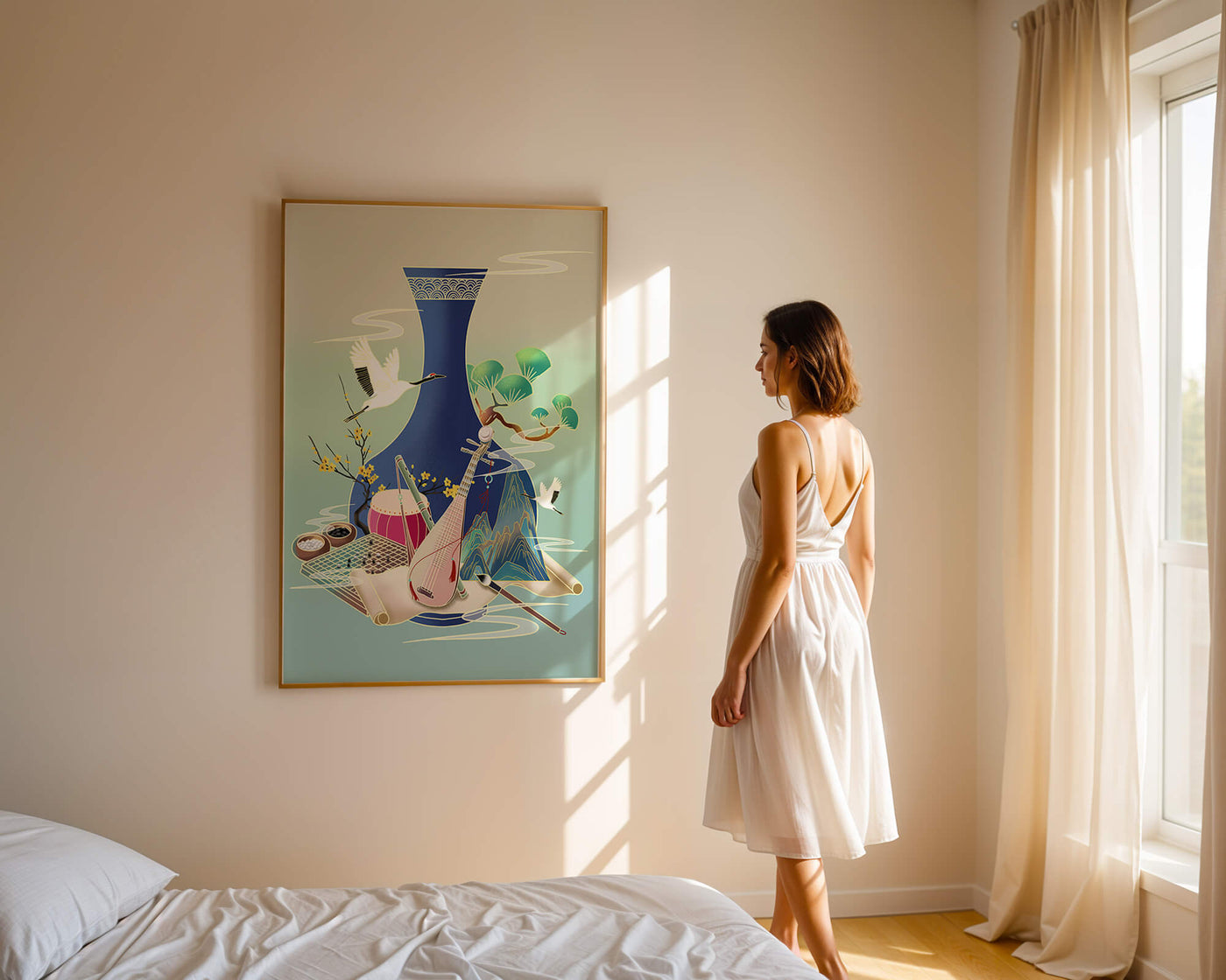 Traditional Asian art scene featuring vase, musical instruments, and cranes