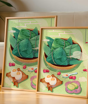 Traditional Asian food illustration with rice dumplings and mooncakes on a green background