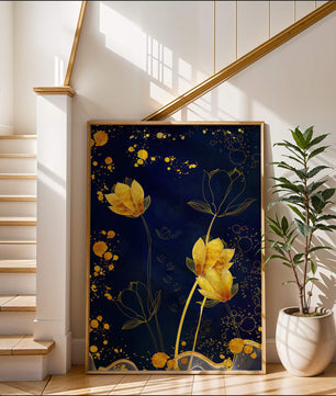 Elegant floral artwork with golden accents on deep blue background