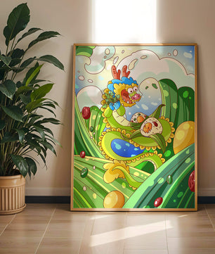 Dragon de dessin animé coloré avec des boulettes dans un paysage fantastique