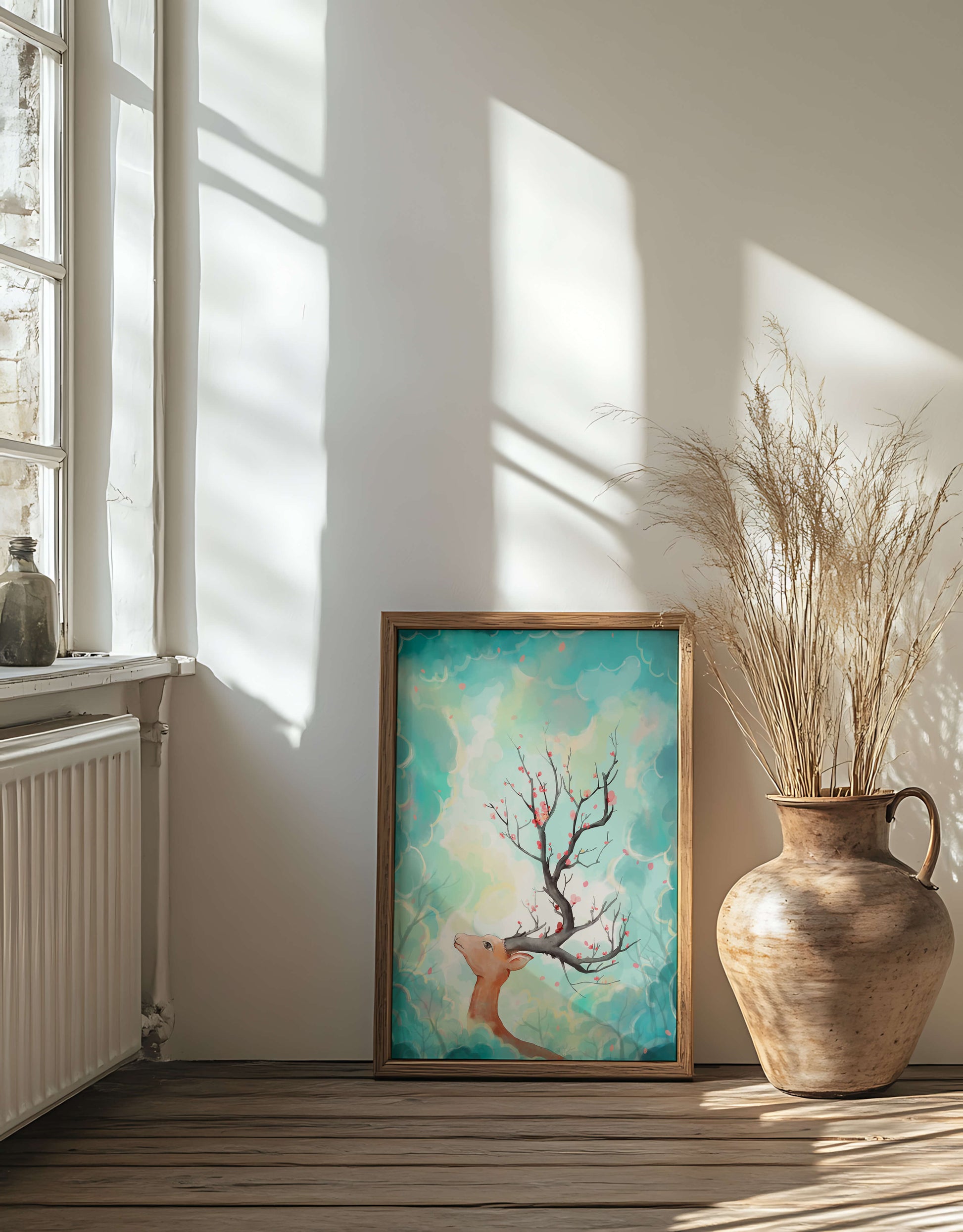 Surreal deer with branches for antlers in a pastel cloudy background