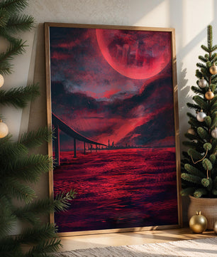 Surreal Scarlet Landscape with Bridge and Celestial Body