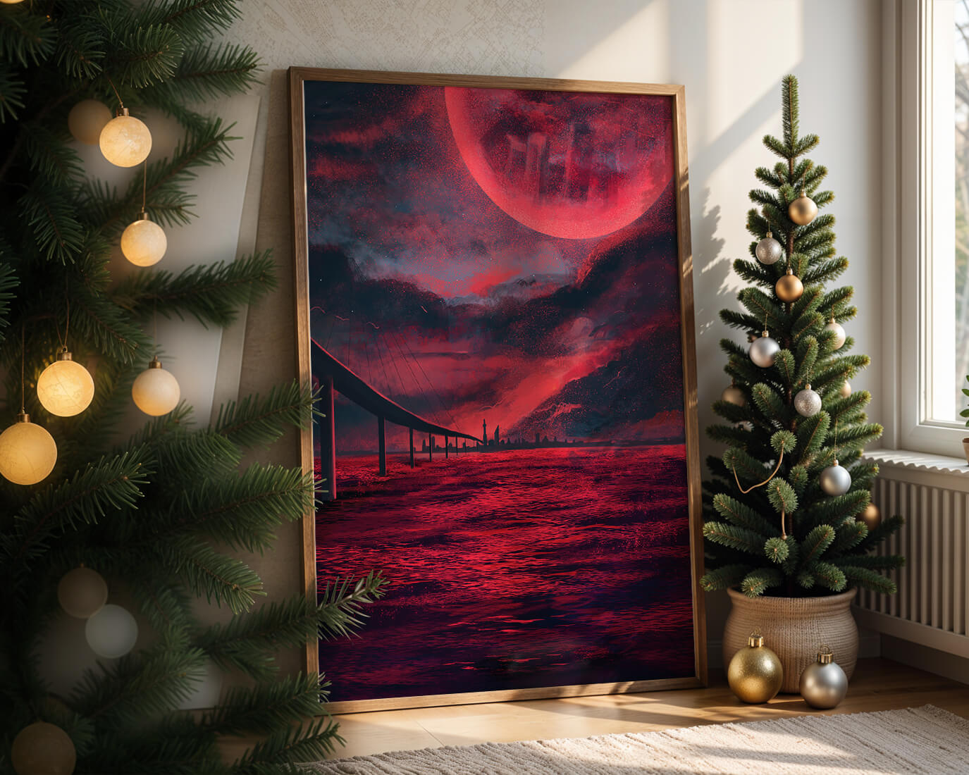 Surreal Scarlet Landscape with Bridge and Celestial Body