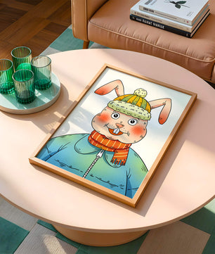 Whimsical cartoon bunny in winter attire with a striped scarf and beanie hat