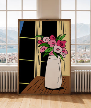 Abstract illustration of flowers in a vase on a wooden table