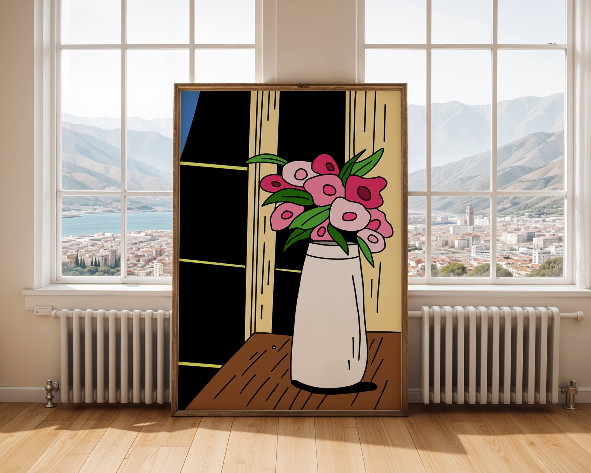 Abstract illustration of flowers in a vase on a wooden table