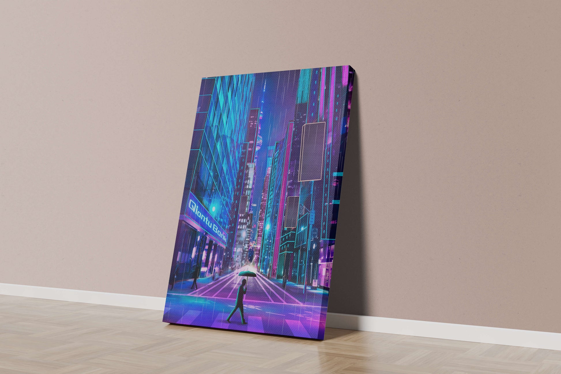 Futuristic urban street scene with neon lights and rainy atmosphere