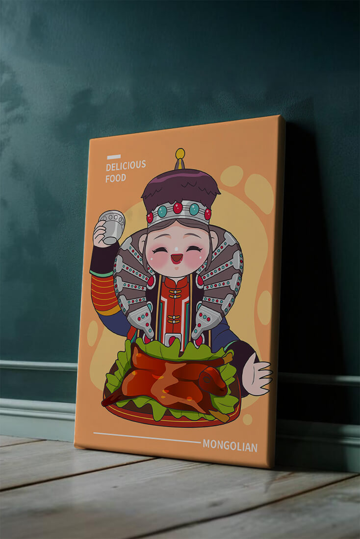 Cartoon character in traditional Mongolian attire with food