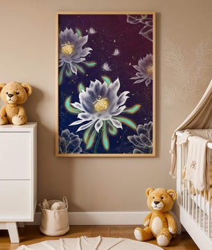 Floral Fantasy with Glowing Elements and Butterflies in Night Sky