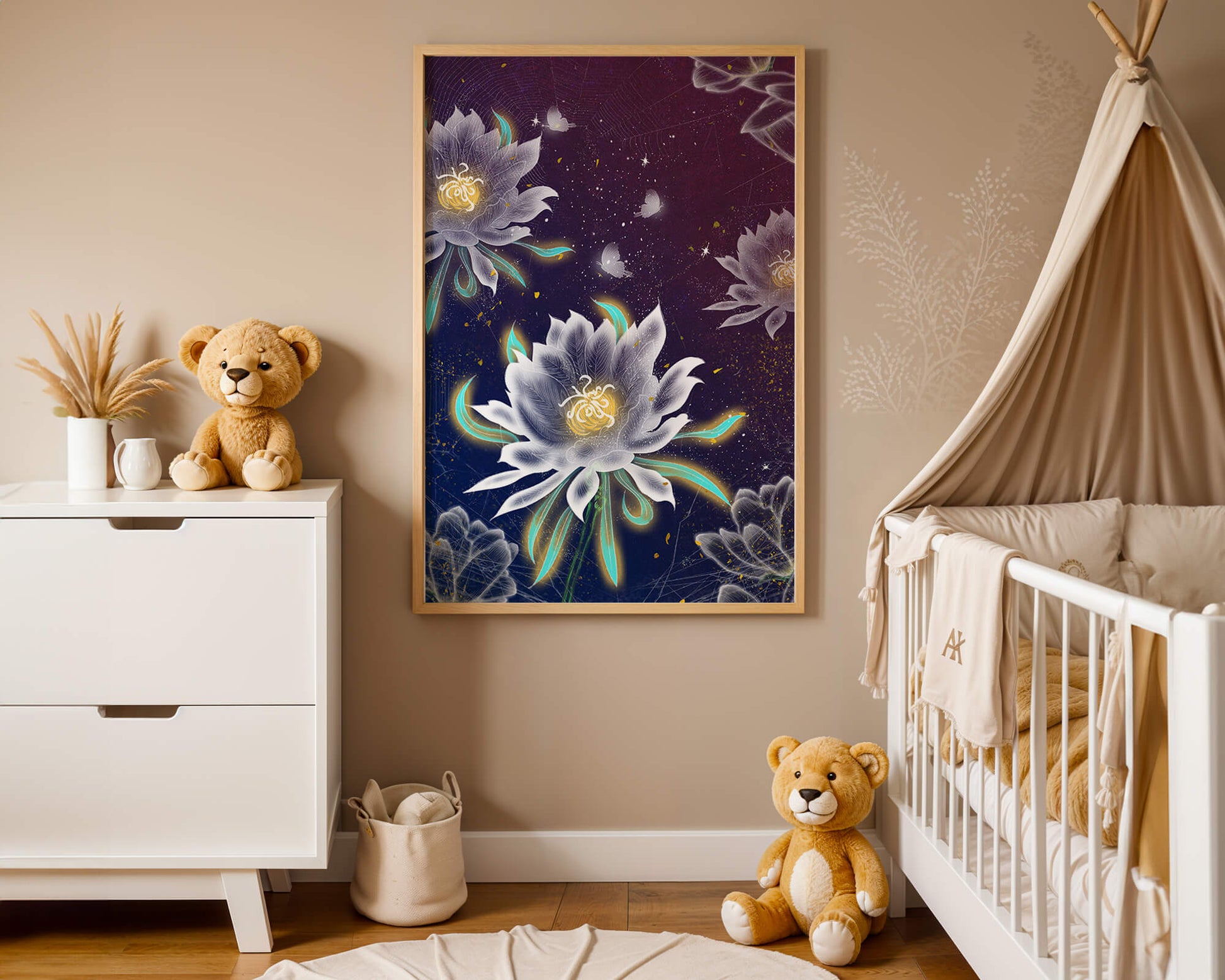 Floral Fantasy with Glowing Elements and Butterflies in Night Sky