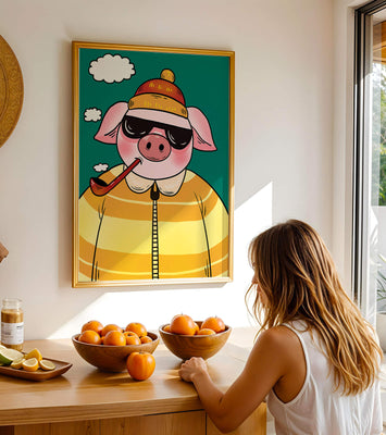 Stylish pig with sunglasses and pipe against a teal sky