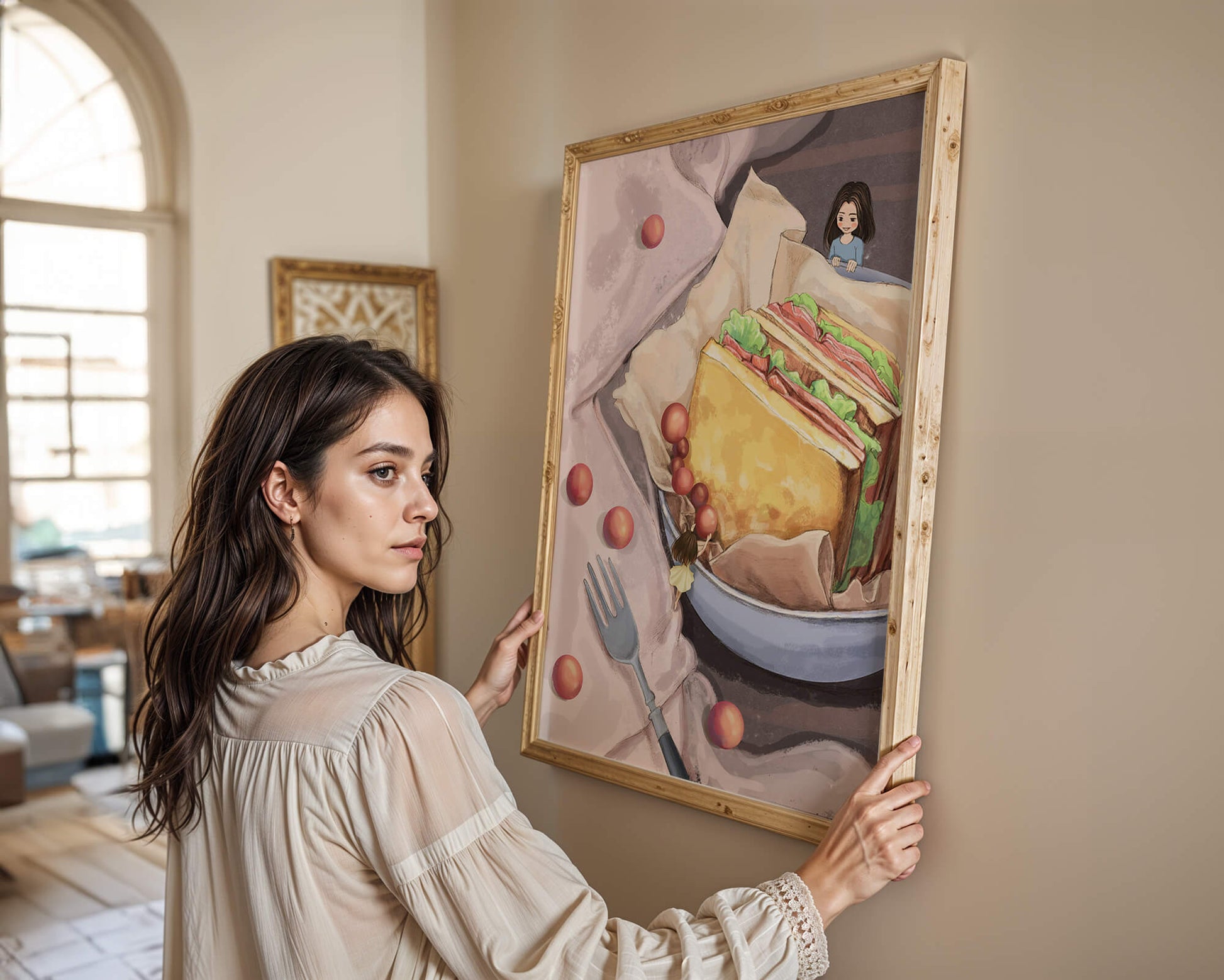 Niñas miniatura caprichosas cerca de un sándwich con tomates y tenedor