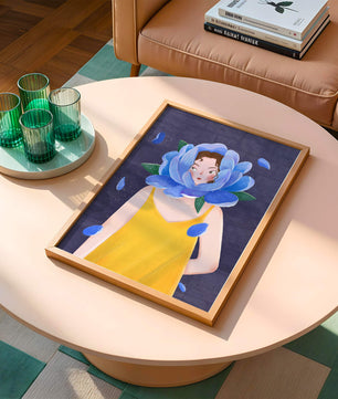 Illustration of woman with blue flower head and yellow dress