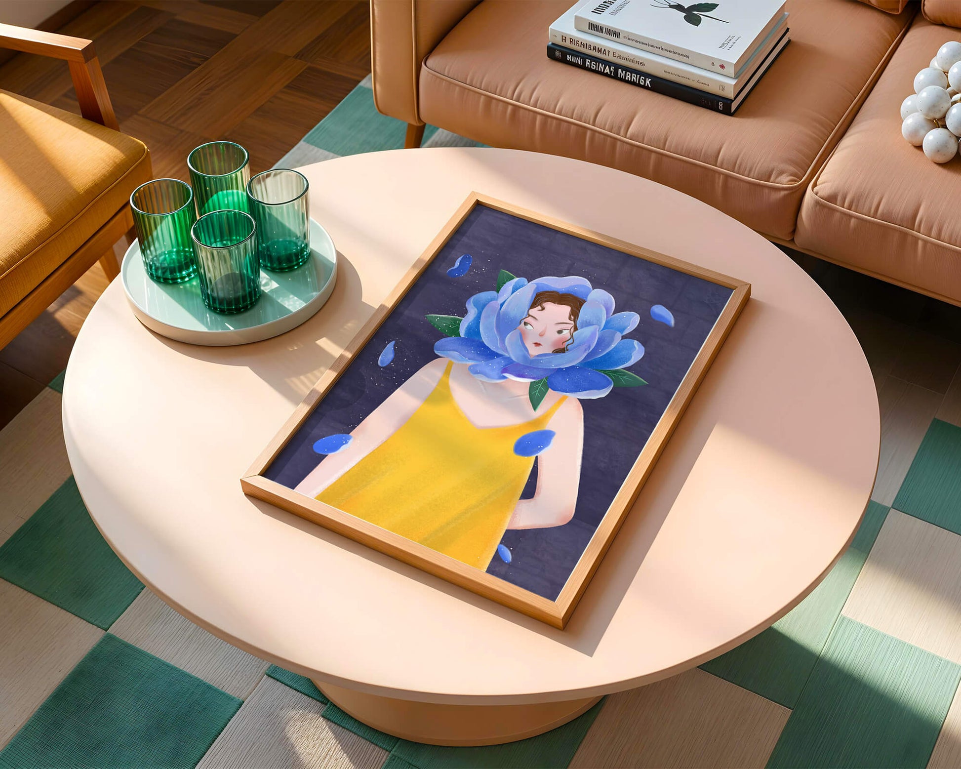 Illustration of woman with blue flower head and yellow dress