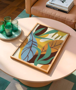 Abstract botanical design with colorful leaves and organic shapes