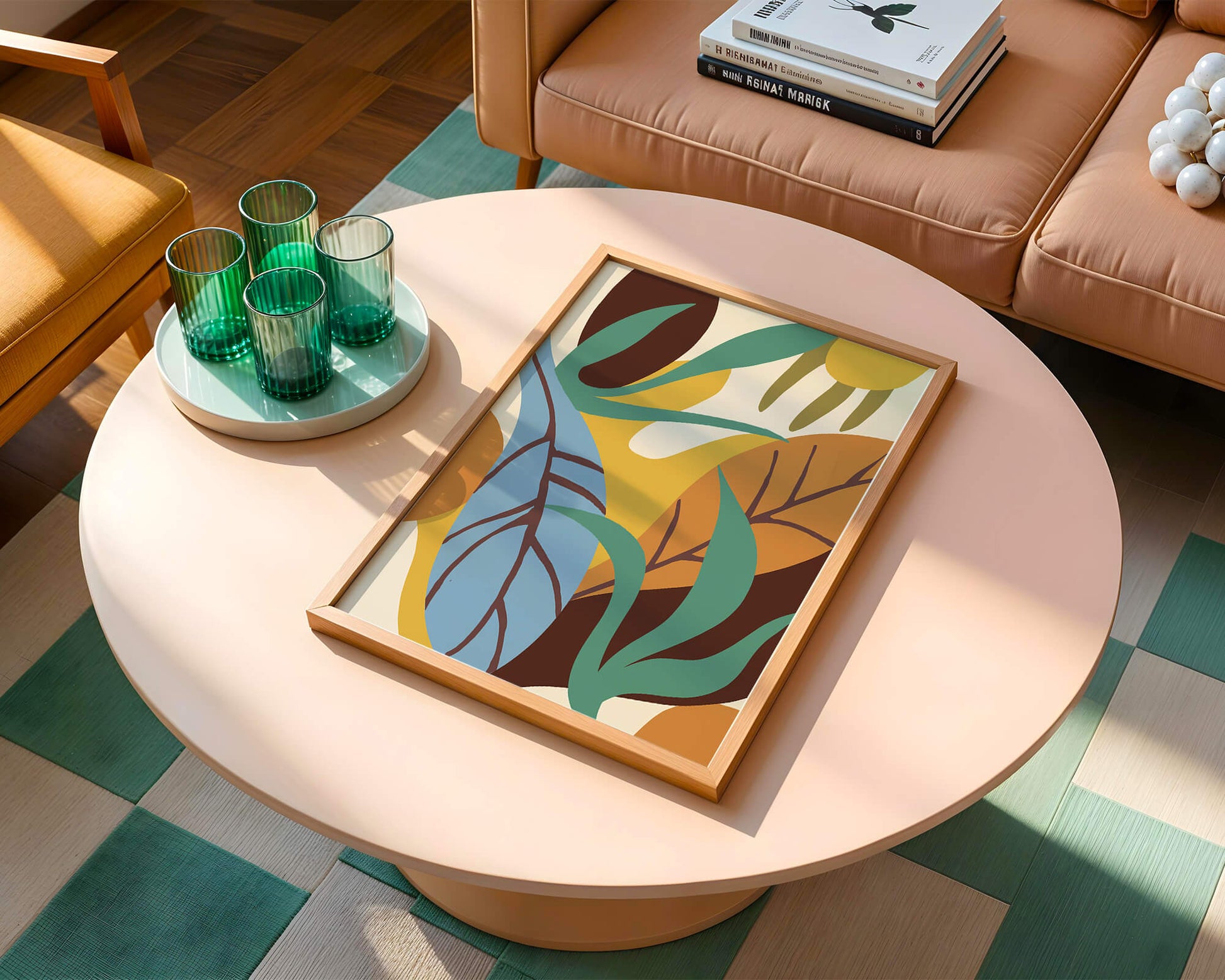 Abstract botanical design with colorful leaves and organic shapes