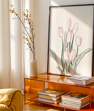 Wunderschöne rosa Tulpen mit grünen Blättern auf einer minimalistischen Leinwand