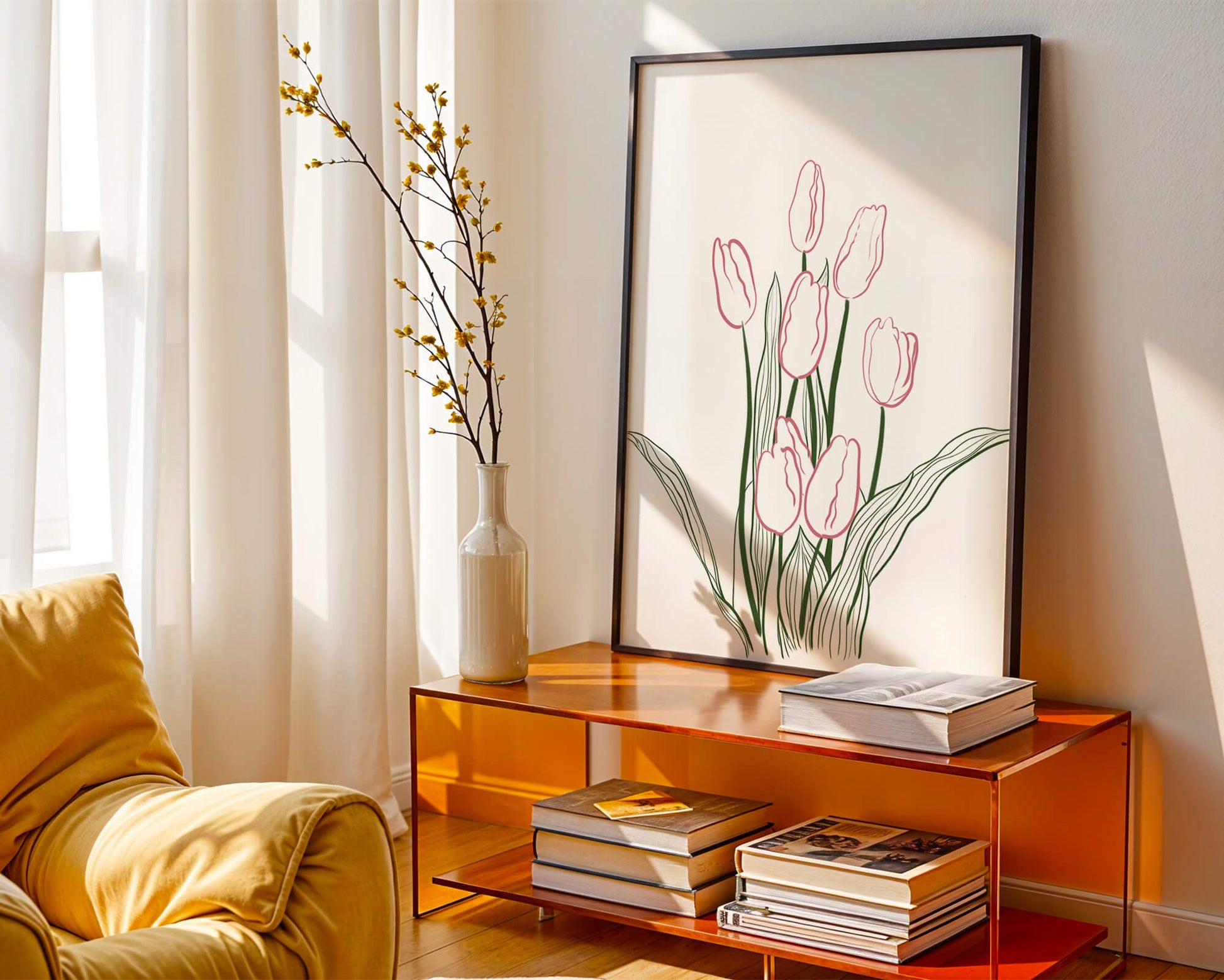 Wunderschöne rosa Tulpen mit grünen Blättern auf einer minimalistischen Leinwand