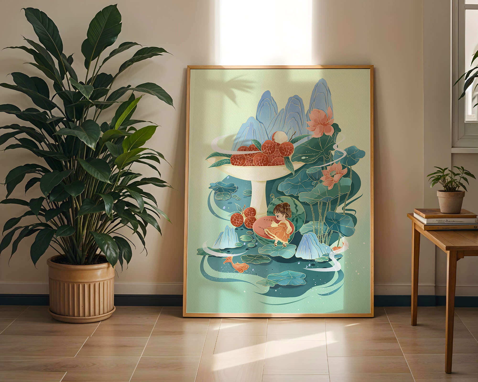 Whimsical illustration with girl, lychee, and lotus flowers