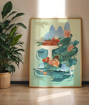 Whimsical illustration with girl, lychee, and lotus flowers