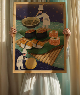 Ilustración juguetona de chefs preparando sushi en un paisaje imaginario